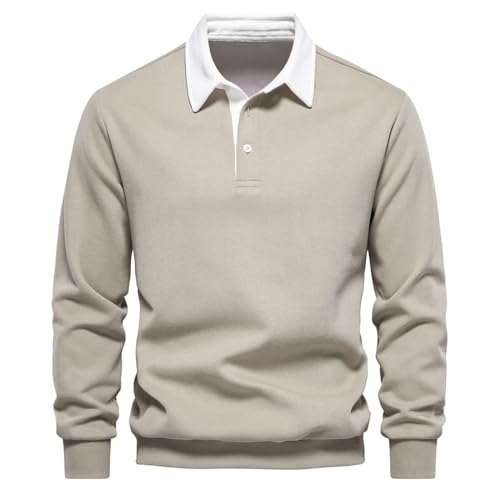 Faonkeew Polo de manga larga para hombre, de algodón, básico, de manga larga, transpirable, para golf, tenis, deporte, ocio, exterior, monocolor, con botones, para invierno, cálido, caqui, M