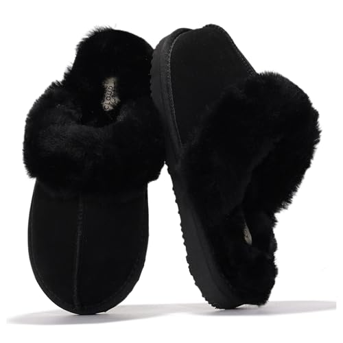Project Cloud Genuine Leather Slippers for Women Footwear with Real Sheep Wool Lining Womens Clogs & Mule - Non-Slip Indoor/Outdoor Scuff Womens Slippers with Memory Foam Insole (Henka)