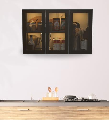 Image of SPECIALITY PANELS Aluminium Black Profile 3 Door Wall Cabinet | Brown Tinted Glass Handless Shutters | Wall Mounted Kitchen Storage Cupboard | Modern Space Saving Organizer | DIY Assembly