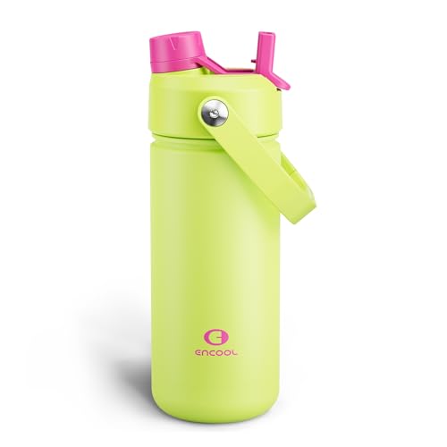 Image of ENCOOL Insulated Water Bottle with Straw Stainless Steel Water Bottle, Leak-Proof, BPA-Free, Double Wall Vacuum Keeps Cold for 24 Hours for Sports, Travel, School (18 oz, Acid Green)