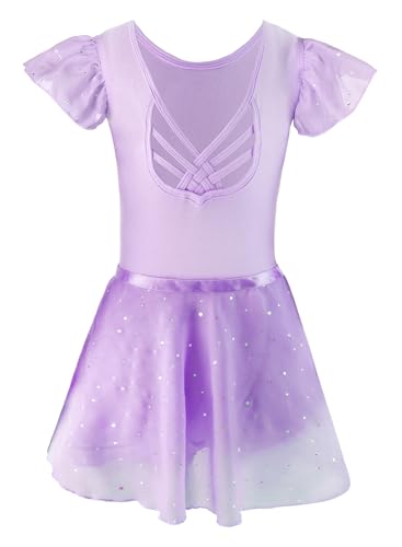 Image of EQSJIU Ballet Leotards for Girls with Removable Skirt Combo Tie Ruffle Sleeve Ballet Dance Dress Outfit 2-12 Years