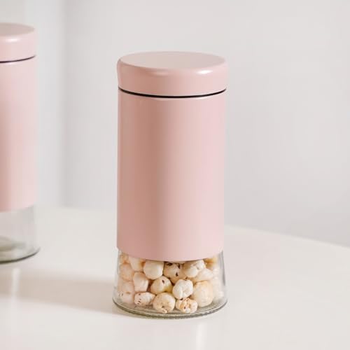 Image of Nestasia Metal Jacketed Glass Jars Set of 4 (1000 ml) | Airtight See - Through Glass Containers with Lids for Kitchen Storage - Ideal for Storing Snacks, Dry Fruits, Pickles or Pulses (Pastel Pink)