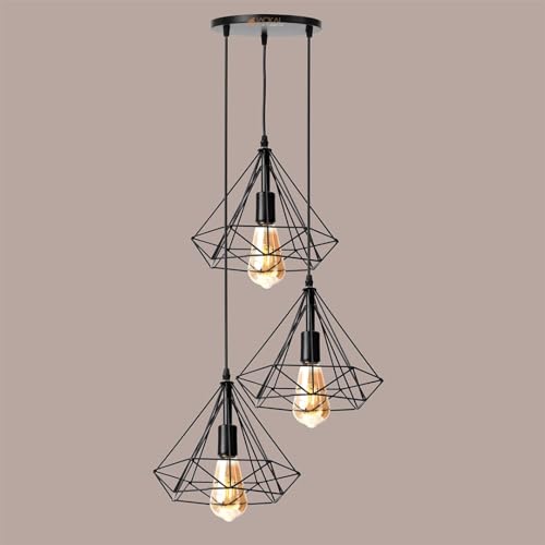Image of JACKAL Vintage Pendant Light (with Bulb) | Decorative Fancy Lights for Home, Living Room, cafe, Restaurants & Bar (Vintage, 3 Set Diamond, Metal, Medium, 1, LED Pendant Light)