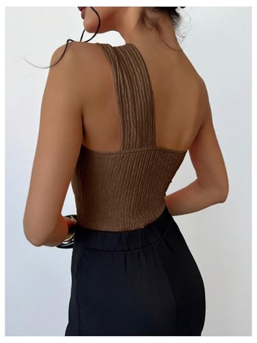 OYOANGLE Women's Textured One Shoulder Twist Front Ruched Bodysuit Sleeveless Tank Top Body Suits2