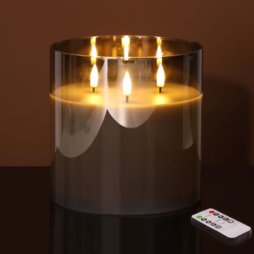 Eywamage 3 Wick Smoke Grey Glass Flameless LED Candle with Remote, Flickering Large Battery Pillar Candle Decor Φ 6' H 6'