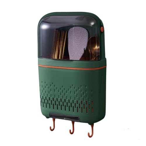 Kitchen Utensil Holder, Cutlery Organizer Hanging Rack with Hooks and Dustproof Cover Wall Mount Utensil Rack Detachable Organizer Cookware Cutlery Holder Chopstick Holder for Kitchen, Green