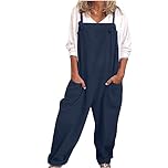 VPQILH Womens Cotton Linen Dungarees Ladies Sleeveless Jumpsuit Adjustable Straps Romper Solid Color Bib Overalls Loose Fit Bodysuit with Pockets Playsuit Summer Jumpsuits Size S-5XL Navy