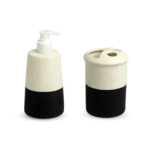 Image of ExclusiveLane 'Shadow & Light' 3 Piece Ceramic Bathroom Accessories Set - Soap Tray, Toothbrush Holder, Liquid Soap Dispenser