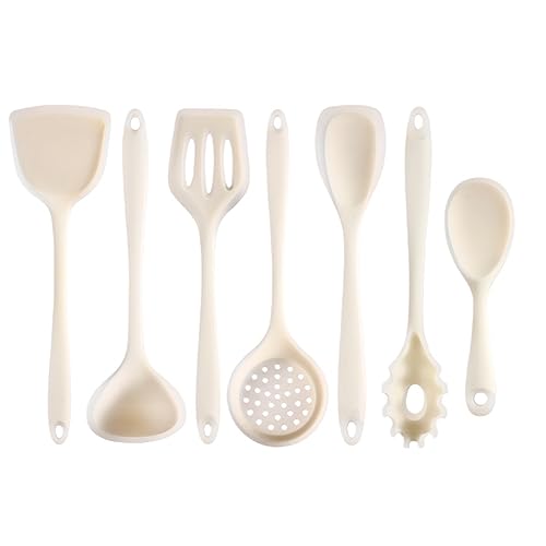 Jrifedptry Set di utensili da cucina in silicone antiaderente, 7 pezzi, per cucinare e cuocere pentole, spatole, utensili da cucina multifunzionali, colore bianco