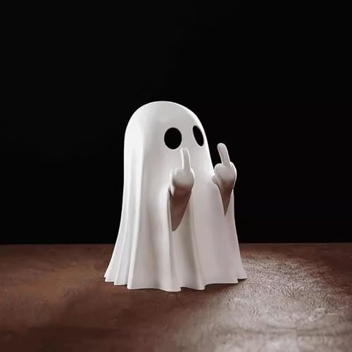 Halloween Ghost Figurine Funny Spooky Middle Finger Statue Halloween Table Decorations Cartoon Cute Resin Holiday Desktop Ornament Decor for Holiday Indoor Home Decor Gifts