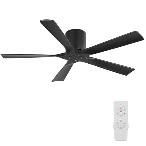 Image of ELEHINSER 52 Inch Flush Mount Ceiling Fan without Light, Low Profile Modern Ceiling Fan with Remote, Quiet DC Motor, 6-Speed, Timer, 5 Solid Wood Blades, Black