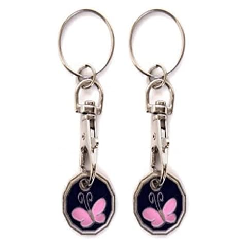 2 X Shopping Trolley Tokens New Shape 12 Edge Sided Trolly Token UK One Pound Coin Pound Key Shopping Trolley Keyring Clasp Supermarket Locker Cart for her him party Filler Bags Butterfly Design Cover
