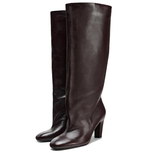 YIYA Women's Dark Brown Wide Calf Knee High Boots Square Toe Chunky High Heels Pull On Tall Boots