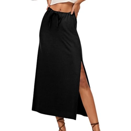 Midi Skirt with Slit for Women Mid Length Drawstring High Waist Boha Casual Flowy Flared Slit Skirts with Pockets