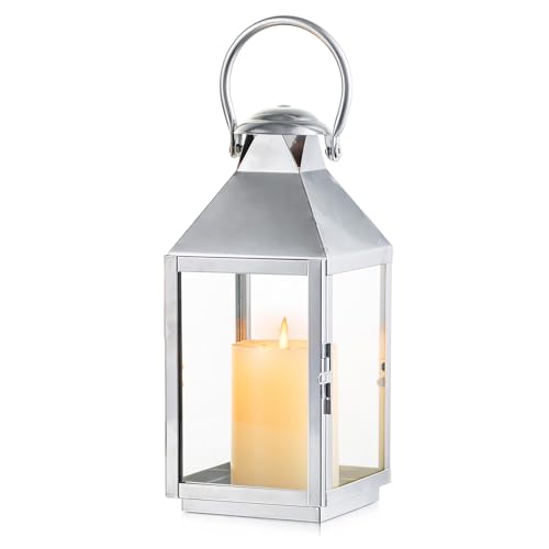 NUPTIO Candle Lanterns Decorative Indoor: 11.2 inch Silver Hanging Metal Lantern with Tempered Glass Floor Candleholder for Front Porch Outdoor Memorial Living Room Christmas Fireplace Grave Gift