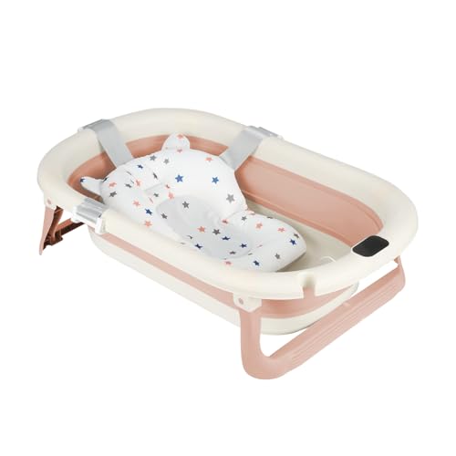 Belfoyer Baignoire Bébé Pliable avec Thermomètre – Bassine de Bain Bébé Pliable sur Pied ou au Sol, Confortable & Sécurisée avec Coussin Doux, Drainage Facile,...