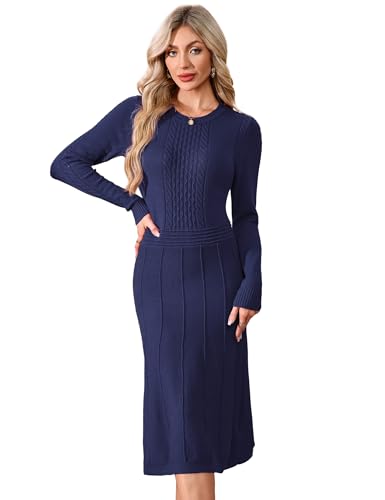 YesFashion Strickkleid Damen Rundhals A-Linie Pulloverkleid Elegant Tunika Sweater Kleid Hoch Tailliert Freizeitkleid Dunkelblau M