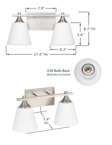 Image of Bathroom Vanity Light Fixtures, Brushed Nickel 2 Lights Traditional Vanity Lighting Fixture with Opal Glass Shade, Porch Wall Mount Light Fixture for Bathroom, Mirror Cabinets Hallway Stairs