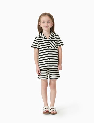 Image of PATPAT Family Matching Summer Outfits, Ribbed Knit Striped Women Skirt Set, Men Button Down Shirt and Kids Outfits