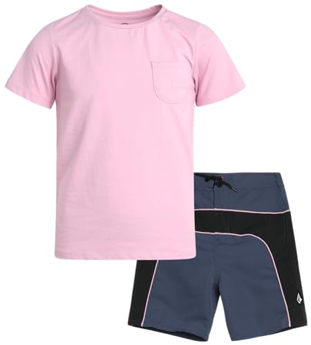 Image of Volcom Baby Boys Swim Set - 2 Piece Short Sleeve Swim Shirt Graphic Tees & Board Shorts - Infant Toddler Little Boys Swimsuit