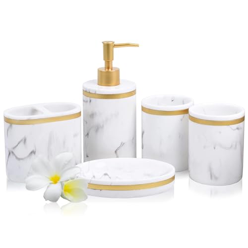 5-Piece Bathroom Counter Top Accessory Set - Dispenser for Liquid Soap or Lotion, Soap Dish, 2 Tumblers and Toothbrush Holder, Marble Pattern Resin (Classic White)