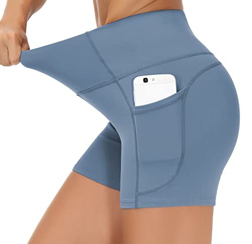 Image of THE GYM PEOPLE High Waist Yoga Shorts for Women's Tummy Control Fitness Athletic Workout Running Shorts with Deep Pockets