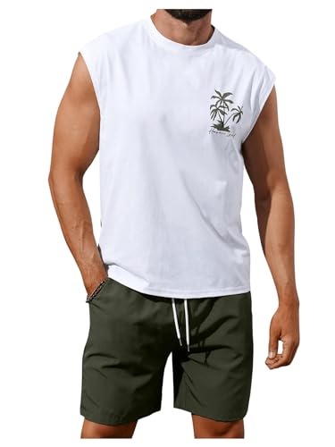 Men's 2 Piece Outfits Tropical Sleeveless Tank Top and Short Sets Vacation Beach Summer Outfits