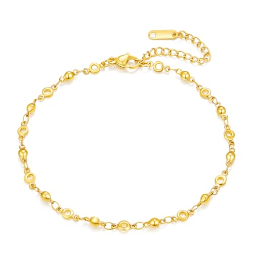 Image of Stainless Steel Ankle Bracelet for Women, 8.2 inch+2 inch Adjustable | Waterproof, Anklets Set, 14K Gold Plated, Jewelry Gift