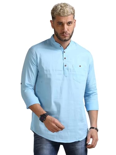 Image of DEEMOON Men's Cotton Blend Full Sleeve Short Kurta with Mandarin Collar Crafted from a Premium Cotton Blend