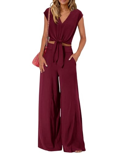 Image of PRETTYGARDEN Women's Summer 2 Piece Outfits 2026 Cap Sleeve V Neck Belted Crop Tops Wide Leg Pant Sets Casual Tracksuit