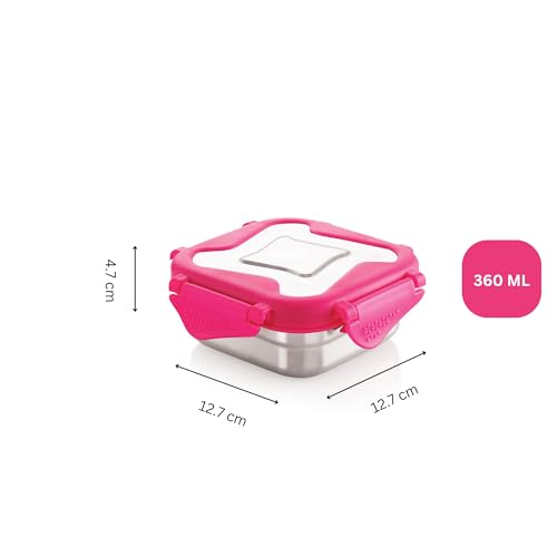 Image of STEELLOCK Smart Stainless Steel Tiffin Lunch Box for Kids and Adults | Airtight & Leakproof | Square Tiffin Box for School & Office with Steel Lid | Pink 360 ml 2 pc