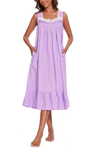 Image of AVIIER 100% Cotton Nightgowns for Women Sleeveless Sleep Dress Ladies Gowns Sleepwear with Pockets