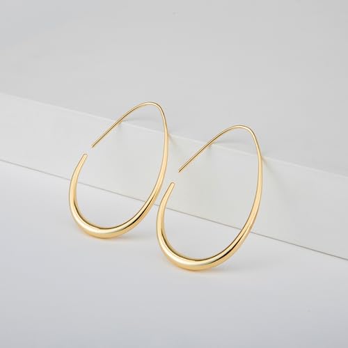 Image of Lightweight Teardrop Hoop Earrings for Women - 14k Gold /White Gold Plated Large Oval Pull Through Hoop Earrings High Polished Statement Jewelry Gift for Women