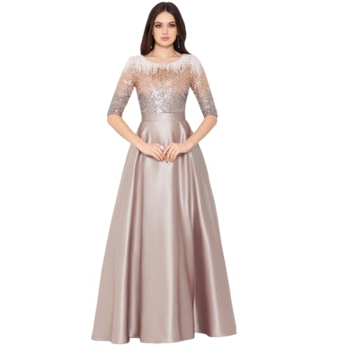Betsy & Adam Women's Sequin Embellished Satin Ball Gown with 3/4 Sleeves and Center Back Zipper