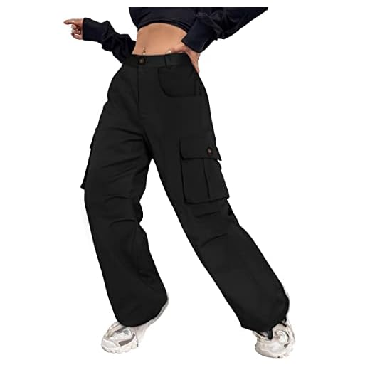 LOLOCCI High Waisted Plus Size Cargo Pants for Women Black Parachute Pants Y2K Cargos Baggy Tactical Pants for Women Relaxed Fit