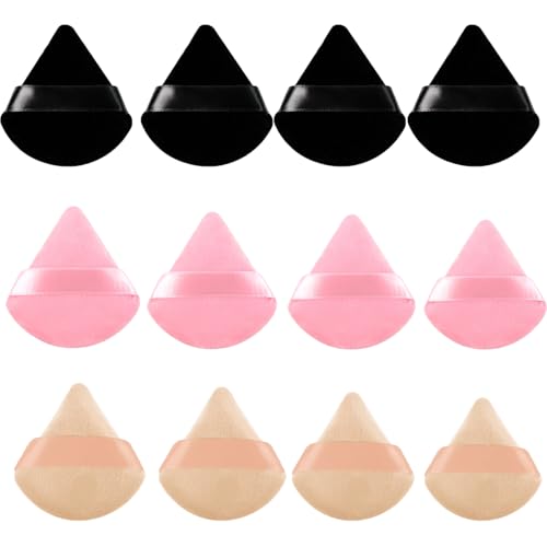 12 PCS Triangle Powder Puff,Reusable Face Makeup Puff,Reusable Velour Cosmetic Foundation Sponge For Loose Powder (Black,Pink, Skin Tone)