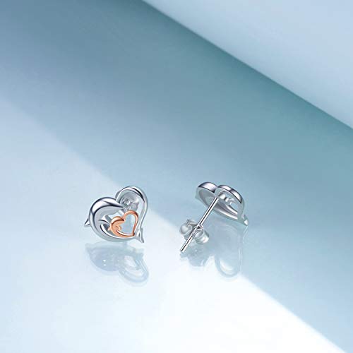 Dolphin Earrings Gifts for Women 925 Sterling Silver Gold Plated Eternal Love Heart Double Dolphin Stud Earrings Christmas Gifts for Women Girls (Rose gold dolphin earrings)4