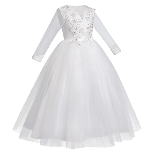 IBTOM CASTLE Flower Girl Dress White Tulle Long Wedding Bridesmaid Pageant Birthday Formal Party Dance Prom Communion Gown2
