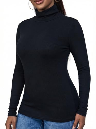Black Ribbed Turtle Neck Tops for Women(Black X-Small) at Amazon