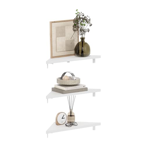 Image of Furinno Rossi Triangle Floating Shelves for Wall, Set of 3 Geometric Corner Shelf, Wall Mounted Shelves for Bathroom, Home Office, Living Room, White
