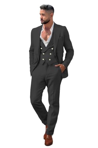Mens Linen Suit 3 Piece Double Breasted Blazer Vest Pants Casual Peak Lapel Men's Suits for Summer Beach Wedding