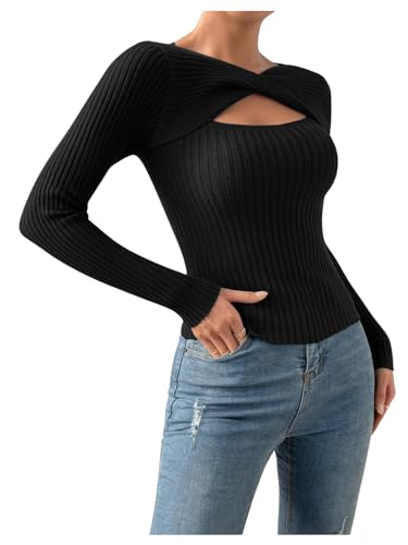 WDIRARA Women's Cut Out Twist Front Slim Fit Sweater Keyhole Neck Long Sleeve Pullovers