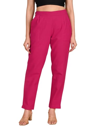 Image of Women's Solid Straight Fit 100% Cotton Trousers | High Waist, Side Pockets, Ankle Length Pants for Office, Casual