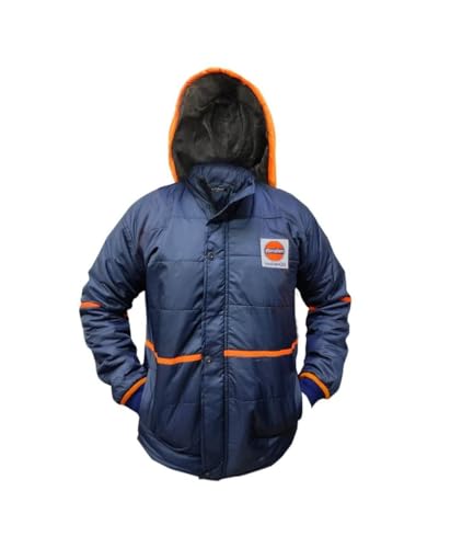 Image of Indian Oil (IOCL) Winter Safety Jacket, Yellow and Blue, Padded Hooded Work Jacket, Industrial Uniform-Dark Blue