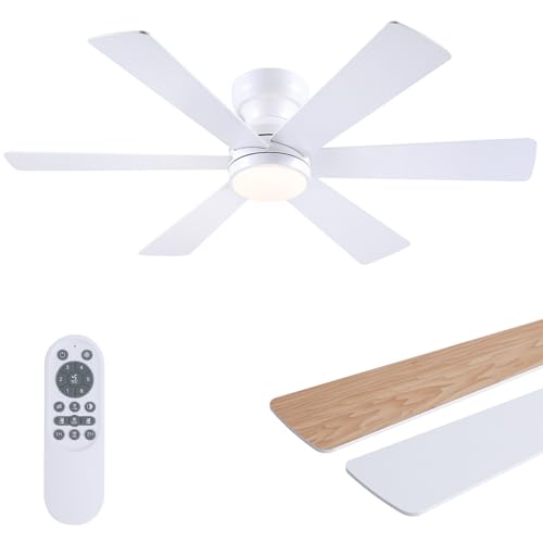 Image of Asyko 46" White Low Profile Ceiling Fan with Light and Remote,Modern Flush Mount Ceiling Fans for Bedroom, Living Room, 6 Speeds, Dimmable, Timer, Quiet Reversible
