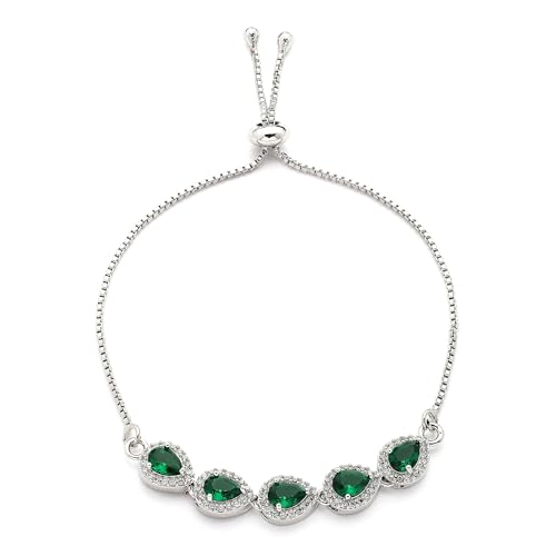 Image of ZENEME Rhodium Plated Silver Toned Teardrop Shaped Green & White American Diamond Studded Wraparound Adjustable Bracelet For Women & Girls | Stylish Jewellery