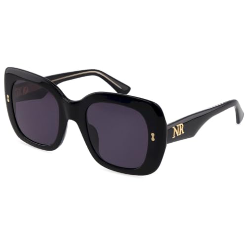 Image of Nina Ricci SNR489 Square Sunglasses, Cellulose Acetate Frame, Glossy Black Frame, Smoke Grey Lenses, Size 52