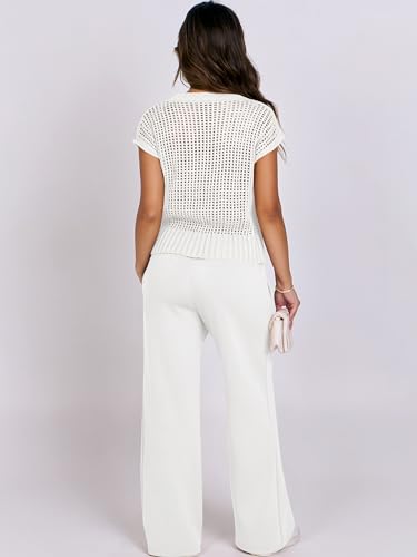 ANRABESS Women Two Piece Outfits Crochet Sheer Knit Sweater Top Wide Leg Pants Lounge Matching Sets Sweatsuit Travel Clothes