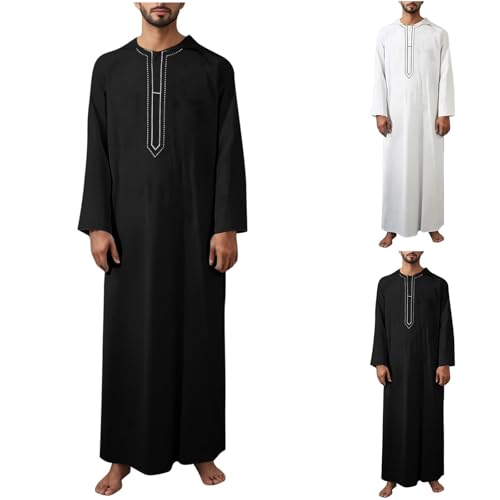 Cambkatl Mens Kaftan Thobe Embroidered Casual Crewneck Shirts Long Sleeve Robe Loose Muslim Gown Caftan2