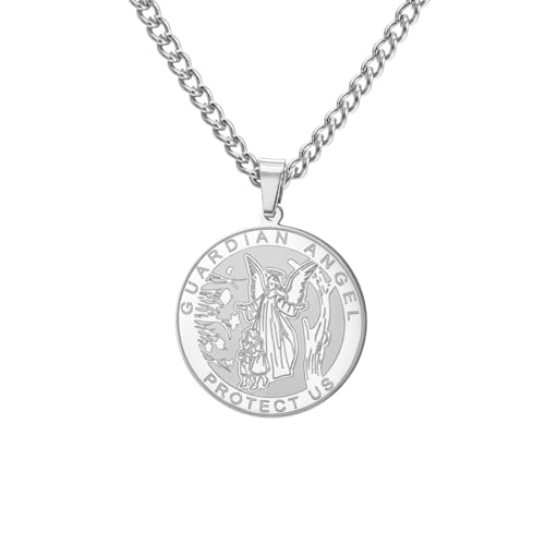 TEAMER Collar de Ángel de la Guarda Nuestro colgante redondo con medalla religiosa de Ángel de la Guarda Joyería de recuerdo espiritual de protección para mujeres y hombres (Argento)
